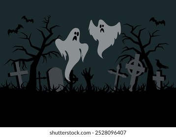 Dark spooky background with ghost and graveyard vector illustration. Template for background, banner, card. Halloween background with ghosts and cemetery vector. Night scary landscape with graves