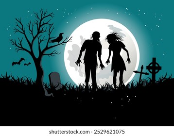 Dark spooky background with zombie couple and shining full moon vector illustration. Halloween night scary background with zombie, cemetery and moon vector. Template for background, banner, card