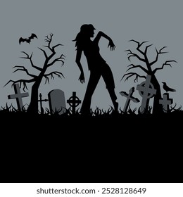 Dark spooky background with zombie and graveyard vector illustration. Halloween background with cemetery and zombie vector. Night scary landscape with graves. Template for background, banner, card