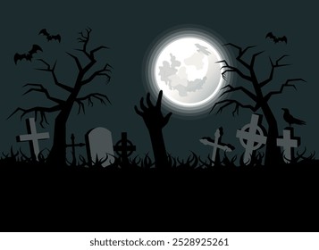 Dark spooky background with zombie hand and graveyard vector illustration. Halloween background with cemetery and shining moon vector. Night scary landscape with graves. Template for banner, card