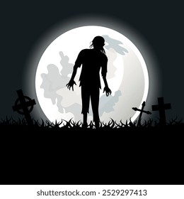 Fundo assustador escuro com zumbi e ilustração vetor lua cheia brilhante. Dia das Bruxas fundo assustador com zumbi, cemitério e vetor da lua. Modelo para plano de fundo, banner, cartão