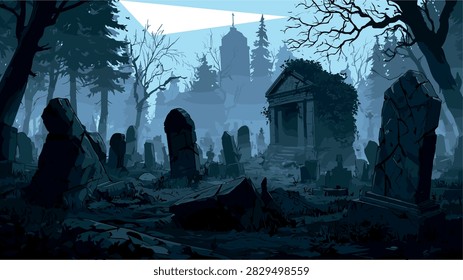 Dark Spooky Graveyard with Ancient Mausoleum and Fog