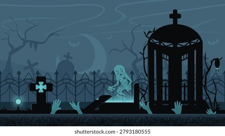 Dark spooky graveyard landscape with haunted cemetery, ghostly creature, abandoned chapel, tombstones, eerie hands, and creepy night atmosphere. Cartoon horror game background illustration perfect for Halloween themes, side-scroller games, fantasy adventures, and mobile game environments.