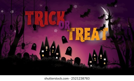 Dark and spooky “Trick or Treat” Halloween design featuring haunted houses, ghosts, bats, spiders, and a crescent moon. Perfect for Halloween decorations, party invites, and banners.