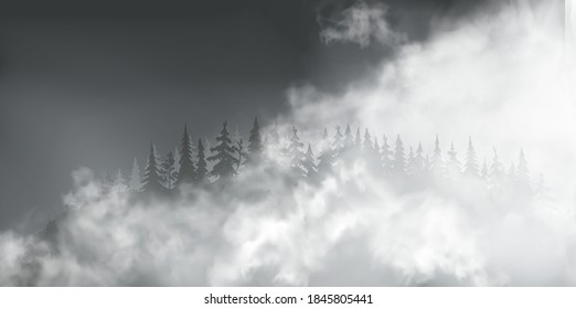 Dark spooky realistic halloween forest on the hill at night in the fog. Vector illustration.