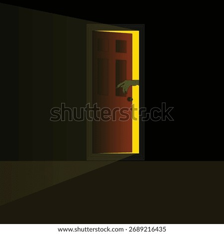 Dark Spooky Room Interior with Open Door at Night Vector