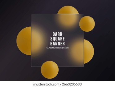 Banner quadrado escuro no estilo de morfismo de vidro com esferas 3D douradas