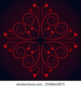 Dark square design element of curved lines. Red curls on a dark background. Stylized hearts. Lacy romantic ornament. Ethnic nordic style. Monochrome red square motif for clothes, home, etc.