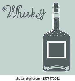 Dark square shaped bottle with a label and a cork on a gray isolated background with the inscription Whiskey, vector clip art