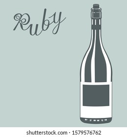 Dark square shaped bottle with a label and a cork on a gray isolated background with the inscription Ruby, vector clip art