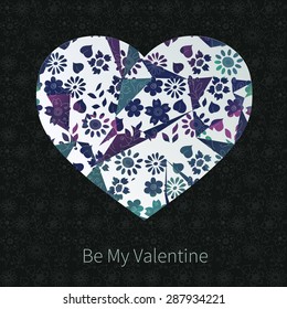 Dark St Valentines card with white heart, floral ornament and blue and violet triangles. Vector.