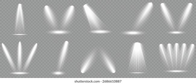 Fundo de palco escuro melhora o contraste Branco brilho holofote em um fundo transparente. Por último, inclui feixes de luz e um efeito de luz. Também inclui iluminação de holofotes e um PNG de holofote.