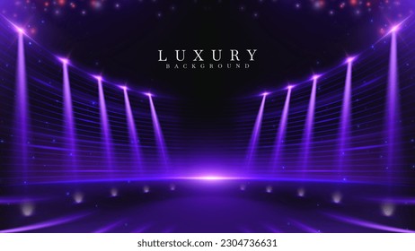 Dark stage backdrop with purple spotlight effect decoration with blue bokeh and glowing rays. Modern luxury style background.