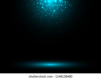 Dark stage background with blue rays of spotlight and falling sparkling. Shimmering light dust shining. Vector illustration