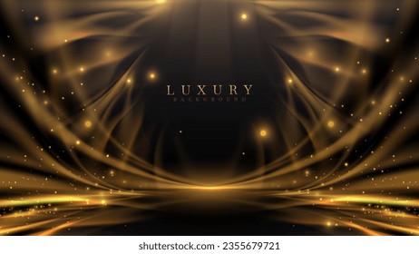 Dark stage with fire effects and golden ray elements with glitter light decorations and bokeh. Black luxury background.