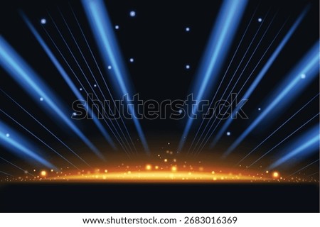 Dark stage with golden spotlight lines and blue shining rays, glitter texture for award ceremony design. Realistic 3d abstract premium elegant glamour background template