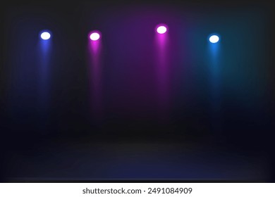 Dark stage illuminated with color projectors. Vector illustration