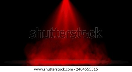 Dark stage on black background, red light from spotlight, empty dark stage and studio room with floating red smoke. For product demonstrations.	