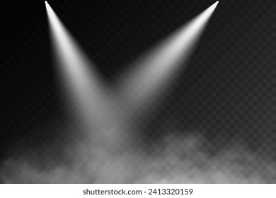 A dark stage on a transparent background, neon light from a spotlight, an empty dark stage, and a studio room with straight smoke.  For product demonstrations.