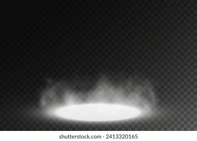 Un escenario oscuro sobre un fondo transparente, luz de neón en el foco, un escenario oscuro vacío y una sala de estudio con humo recto.  Para demostraciones de productos.