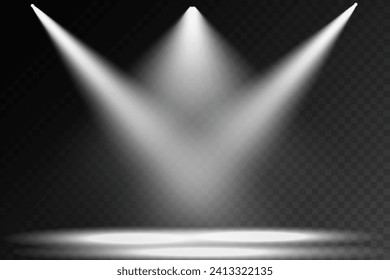 Dark stage on transparent background, neon light from spotlight, empty dark stage and studio room with rays of light.  For product demonstrations.