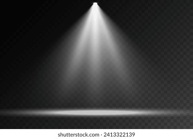 Dark stage on transparent background, neon light from spotlight, empty dark stage and studio room with rays of light.  For product demonstrations.