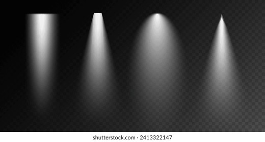 Dark stage on transparent background, neon light from spotlight, empty dark stage and studio room with rays of light.  For product demonstrations.