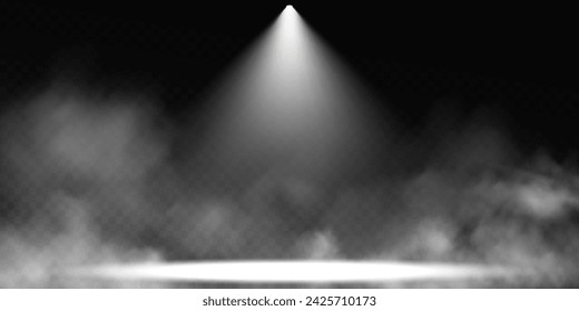 Dark stage on transparent background, neon light from spotlight, empty dark stage and studio room with soaring smoke. For product demonstrations.	