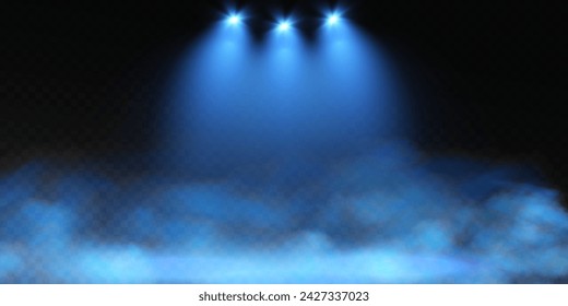 Dark stage on transparent background, neon light from spotlight, empty dark stage and studio room with soaring smoke. For product demonstrations.	