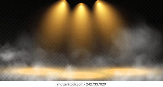 Dark stage on transparent background, neon light from spotlight, empty dark stage and studio room with soaring smoke. For product demonstrations.	