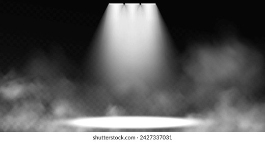 Dark stage on transparent background, neon light from spotlight, empty dark stage and studio room with soaring smoke. For product demonstrations.	