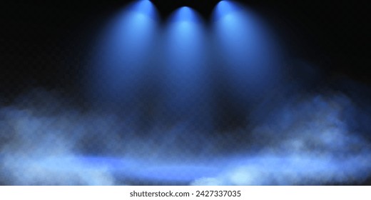 Dark stage on transparent background, neon light from spotlight, empty dark stage and studio room with soaring smoke. For product demonstrations.	