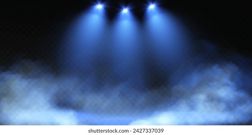Dunkle Bühne auf transparentem Hintergrund, Neonlicht aus dem Scheinwerferlicht, leere dunkle Bühne und Studioraum mit aufsteigendem Rauch. Für Produktdemonstrationen.	