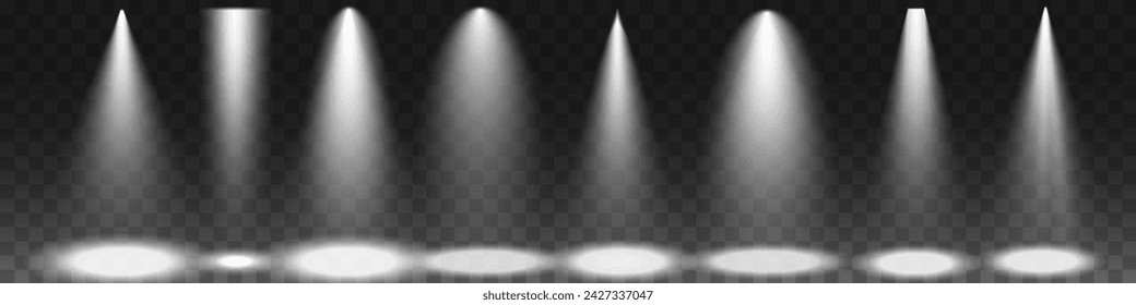 Dark stage on transparent background, neon light from spotlight, empty dark stage and studio room with rays of light. For product demonstrations.	