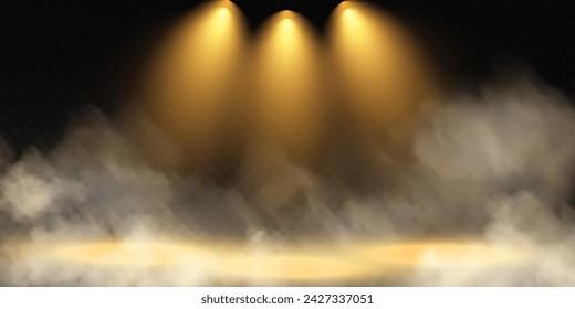 Dark stage on transparent background, neon light from spotlight, empty dark stage and studio room with soaring smoke. For product demonstrations.	