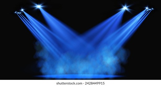 Dark stage on transparent background, neon light from spotlight, empty dark stage and studio room with soaring smoke. For product demonstrations.	
