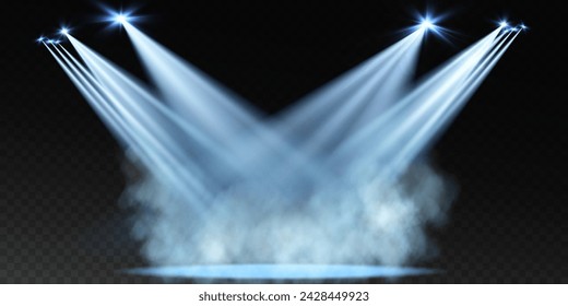 Dark stage on transparent background, neon light from spotlight, empty dark stage and studio room with soaring smoke. For product demonstrations.	
