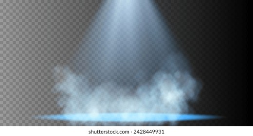 Dark stage on transparent background, neon light from spotlight, empty dark stage and studio room with soaring smoke. For product demonstrations.	
