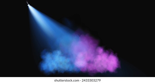 Dark stage on transparent background, neon light from spotlight, empty dark stage and studio room with soaring smoke. For product demonstrations.	
