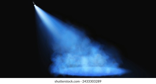 Dark stage on transparent background, neon light from spotlight, empty dark stage and studio room with soaring smoke. For product demonstrations.	
