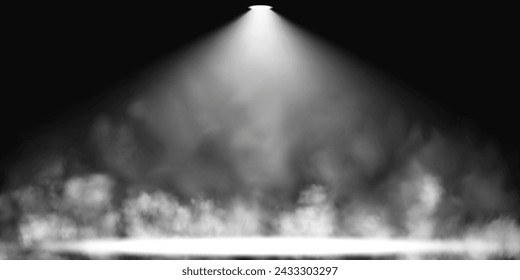 Dark stage on transparent background, white light from spotlight, empty dark stage and studio room with floating smoke. For product demonstrations.