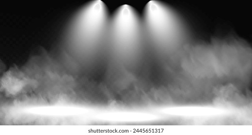 Dark stage on transparent background, white light from spotlight, empty dark stage and studio room with floating smoke. For product demonstrations.	