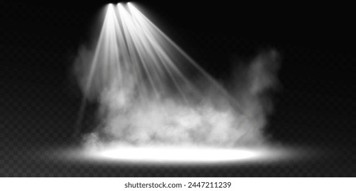 Dark stage on transparent background, white light from spotlight, empty dark stage and studio room with floating smoke. For product demonstrations.	
