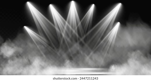 Dark stage on transparent background, white light from spotlight, empty dark stage and studio room with floating smoke. For product demonstrations.	