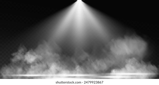 Dark stage on transparent background, white light from spotlight, empty dark stage and studio room with floating smoke. For product demonstrations.	