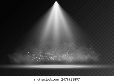 Dark stage on transparent background, white light from spotlight, empty dark stage and studio room with floating smoke with fine dust particles. For product demonstration.	