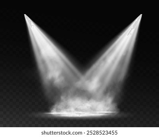 Escenario oscuro sobre fondo transparente, luz blanca de los focos, escenario oscuro vacío y sala de estudio con humo flotante. Para demostraciones de productos.	