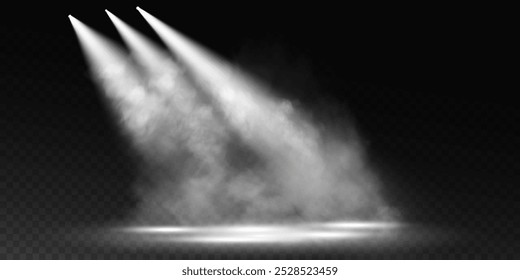 Escenario oscuro sobre fondo transparente, luz blanca de los focos, escenario oscuro vacío y sala de estudio con humo flotante. Para demostraciones de productos.	