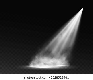 Escenario oscuro sobre fondo transparente, luz blanca de los focos, escenario oscuro vacío y sala de estudio con humo flotante. Para demostraciones de productos.	