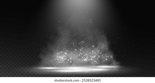 Estágio escuro sobre fundo transparente, luz branca do holofote, palco escuro vazio e sala de estúdio com fumaça flutuante com partículas de poeira fina. Para demonstração do produto.	